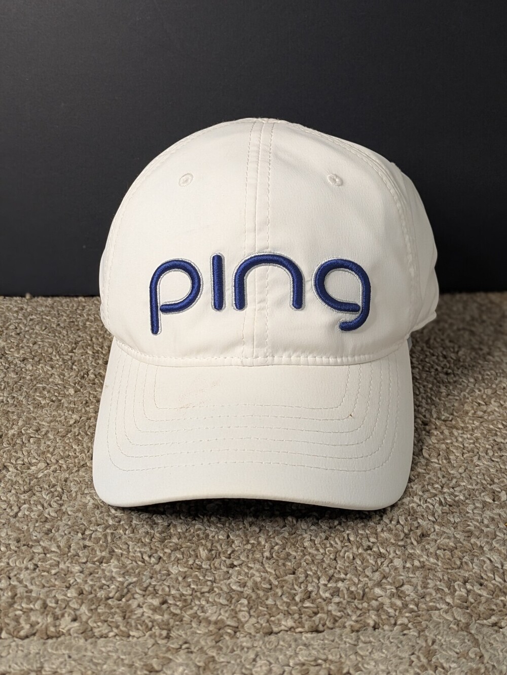 PING 110 Flexfit Tech Hat One Size White Blue Golf Spellout